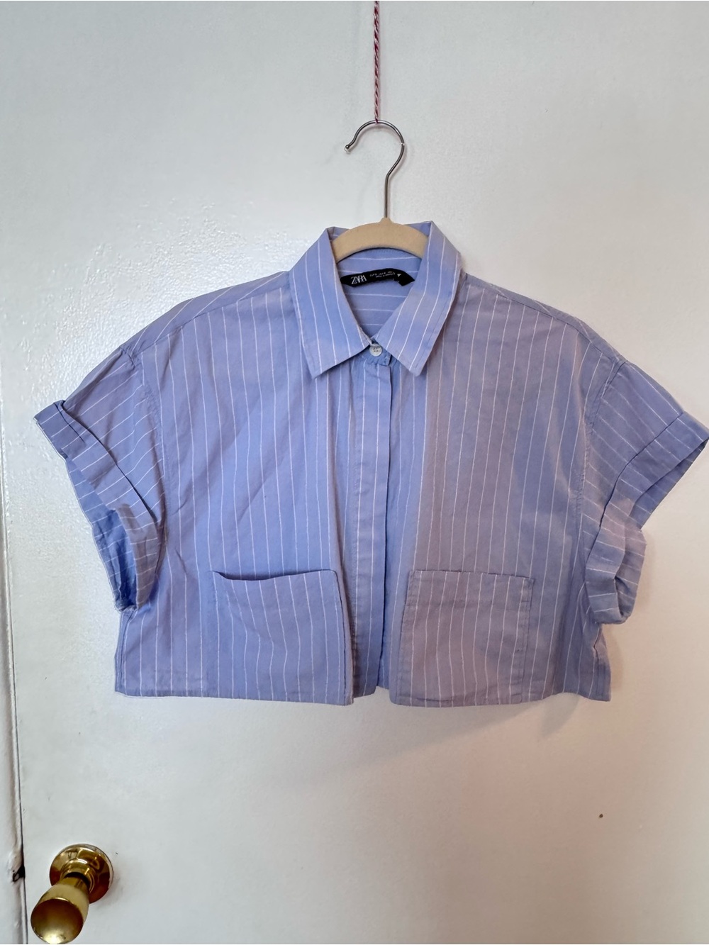 Zara Light Blue Pinstripe Cropped Button-Down Shirt